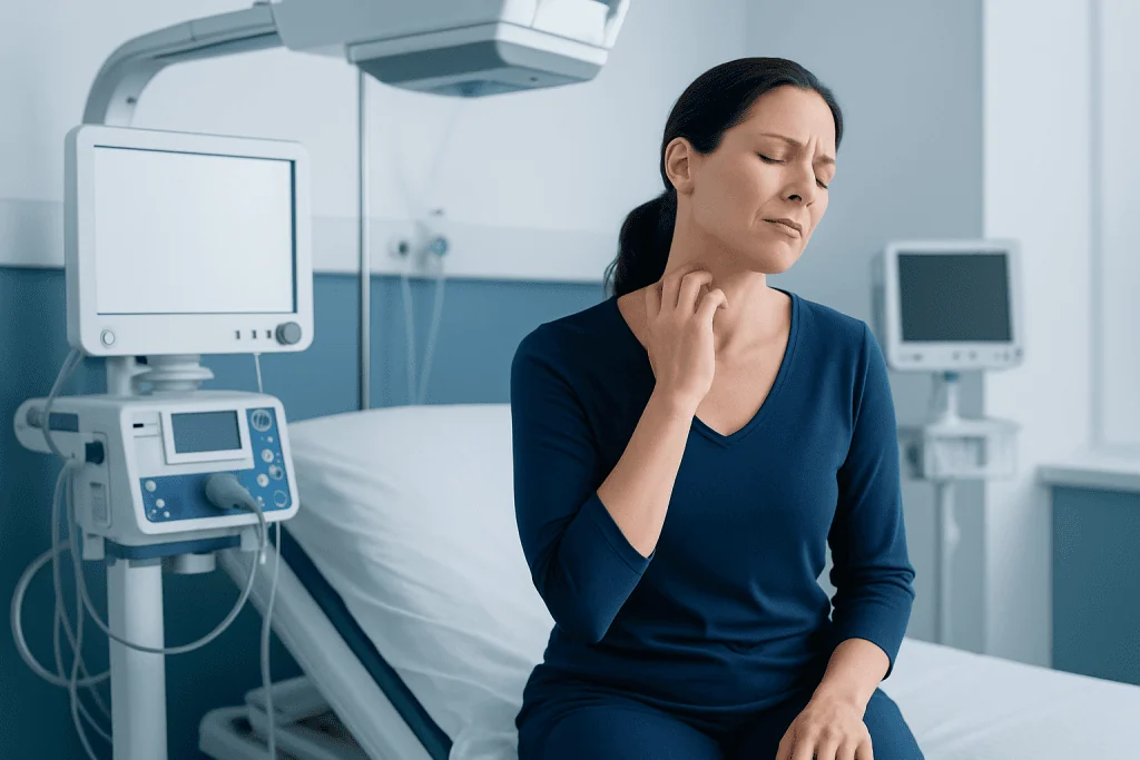 Woman experiencing neck pain in a medical examination room.