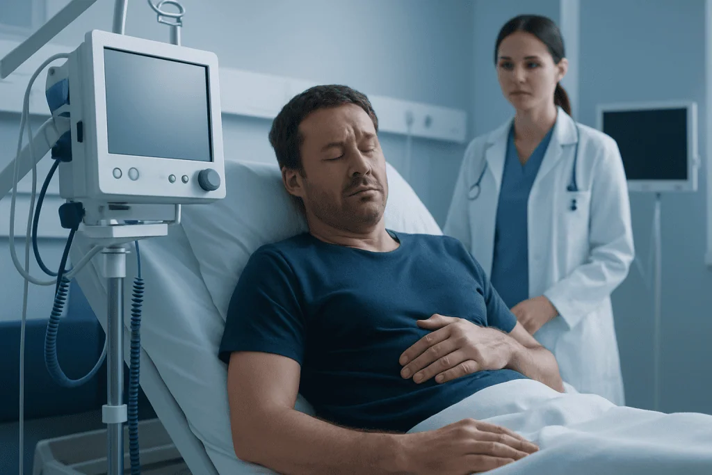 Patient in hospital bed with medical staff and monitoring equipment.