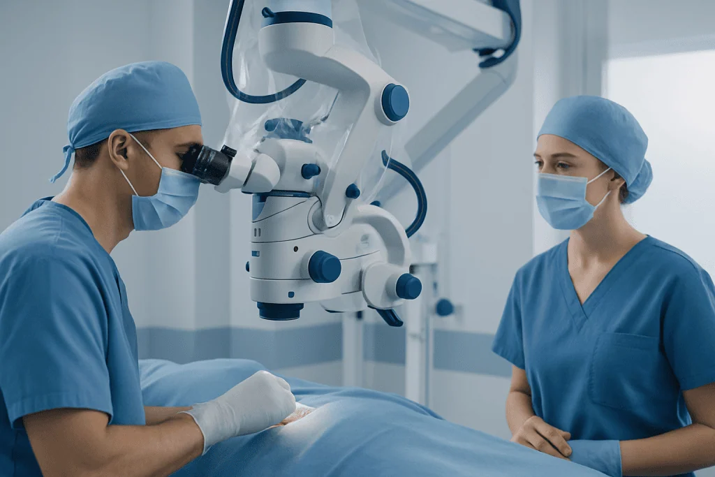 Surgeons using advanced microscope during nerve transplant procedure at Acibadem Hospital.