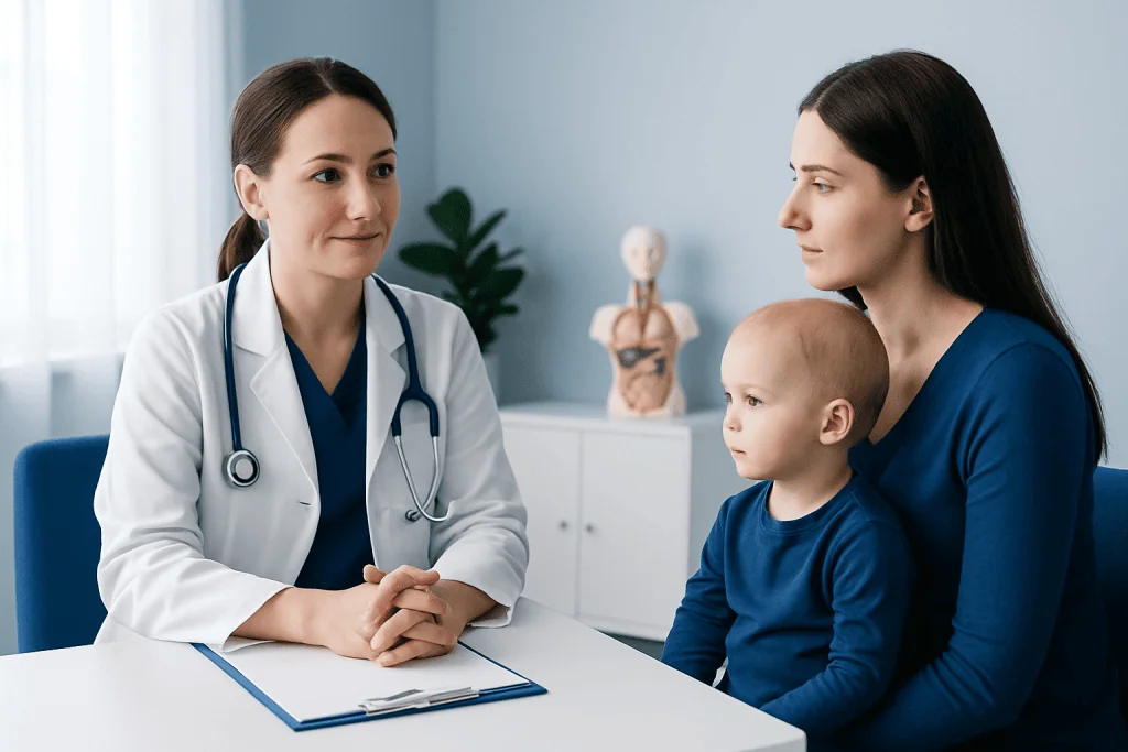 Pediatric consultation at Acibadem Hospital with doctor and mother.