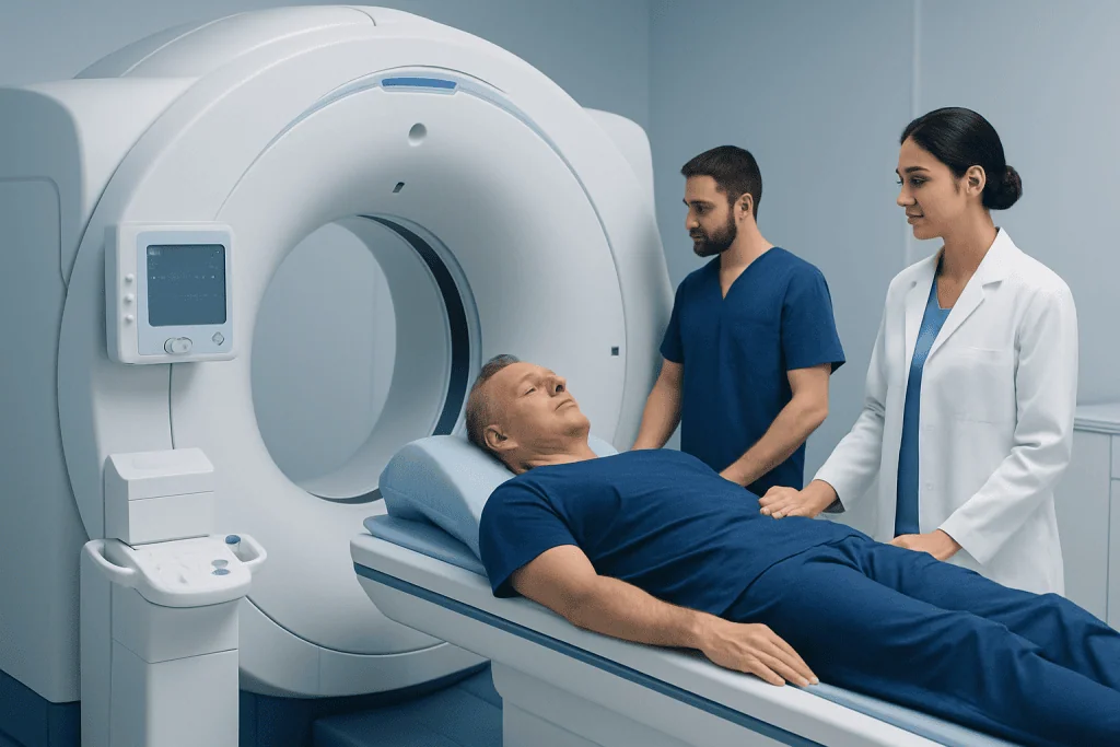 Patient undergoing PET scan in a modern medical facility at Acibadem Hospitals.