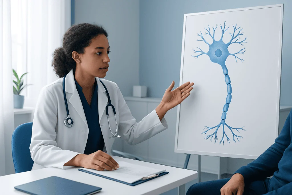 Medical professional explaining neuron structure on whiteboard.