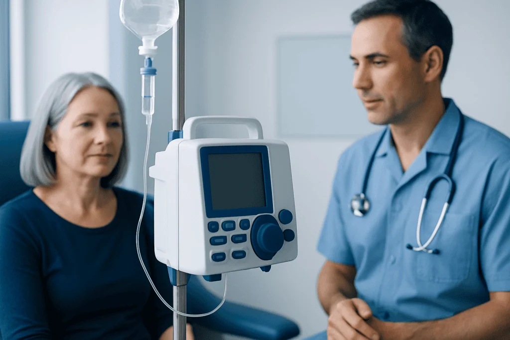 Doctor and patient in hospital room with medical equipment.