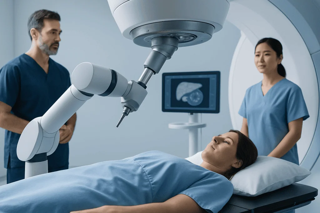 Medical team performing a robotic surgery on a patient at Acibadem Hospital.