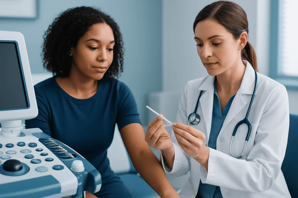 Doctor explaining contraceptive implant side effects to patient in clinic.