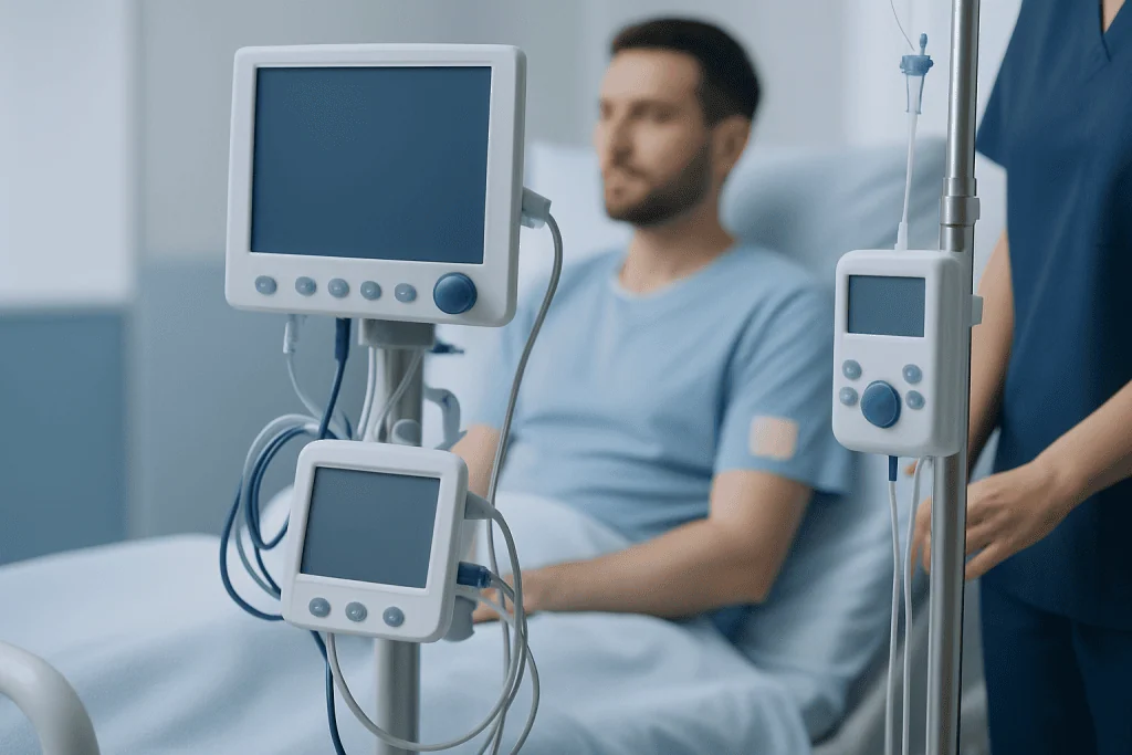 Patient in hospital bed connected to medical monitors and IV drip.