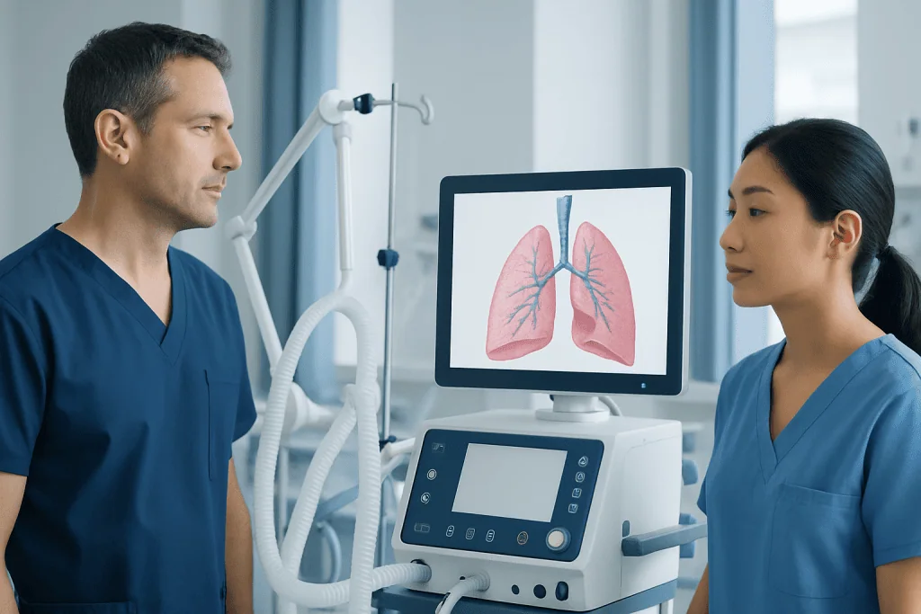 Medical professionals examining lung scan in hospital setting.