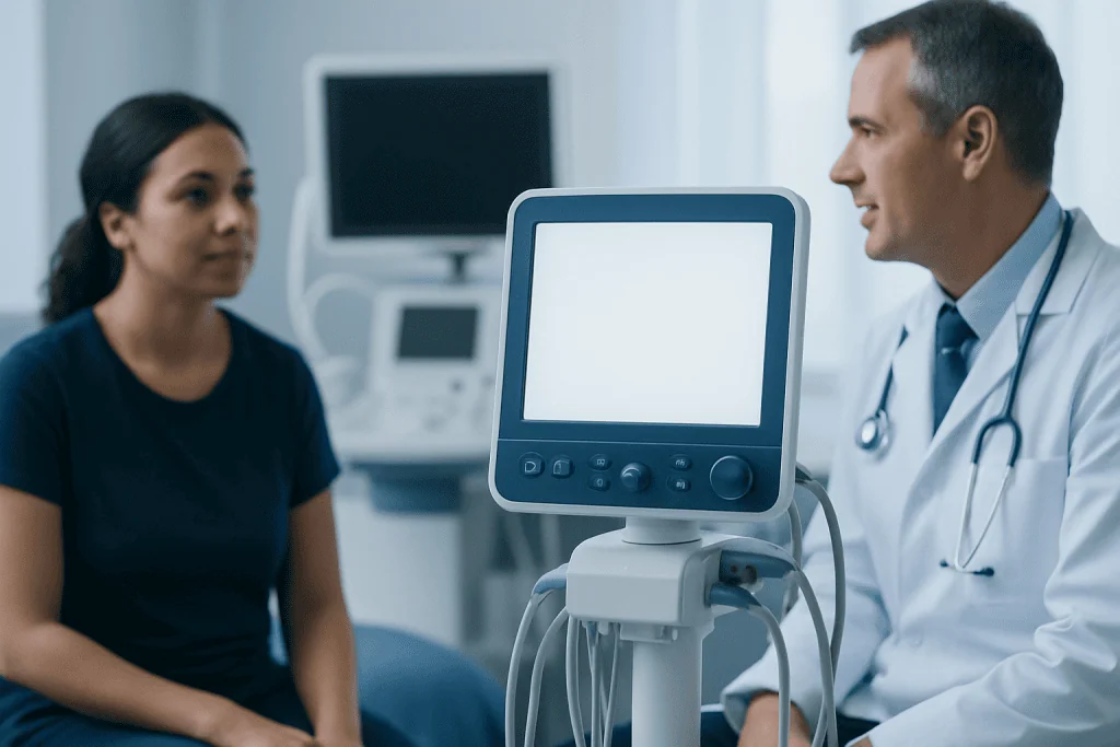 Doctor consulting a patient in a hospital room with medical equipment.