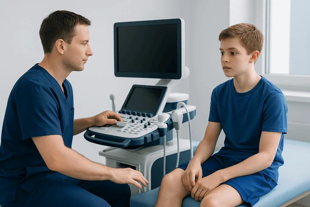 Doctor performing ultrasound examination on a young boy's knee in a clinic.