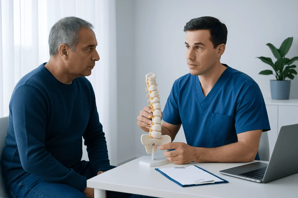 Doctor explaining spinal model to patient in consultation room.