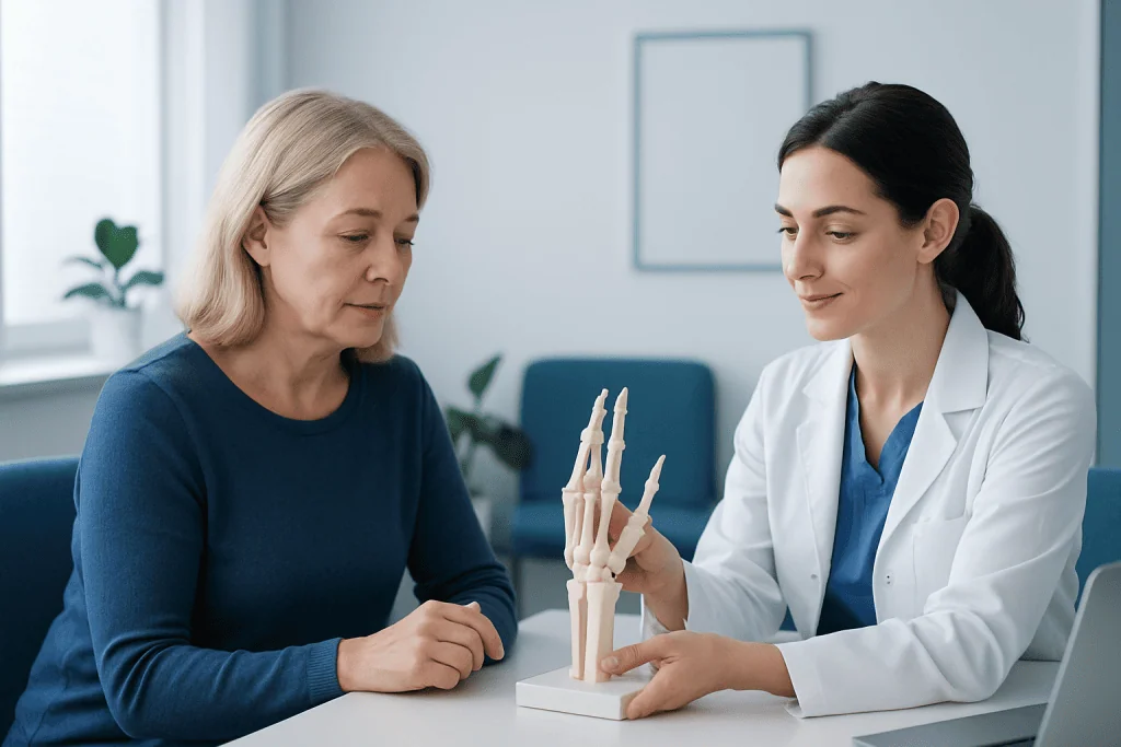 Orthopedic consultation discussing thumb joint treatment options.