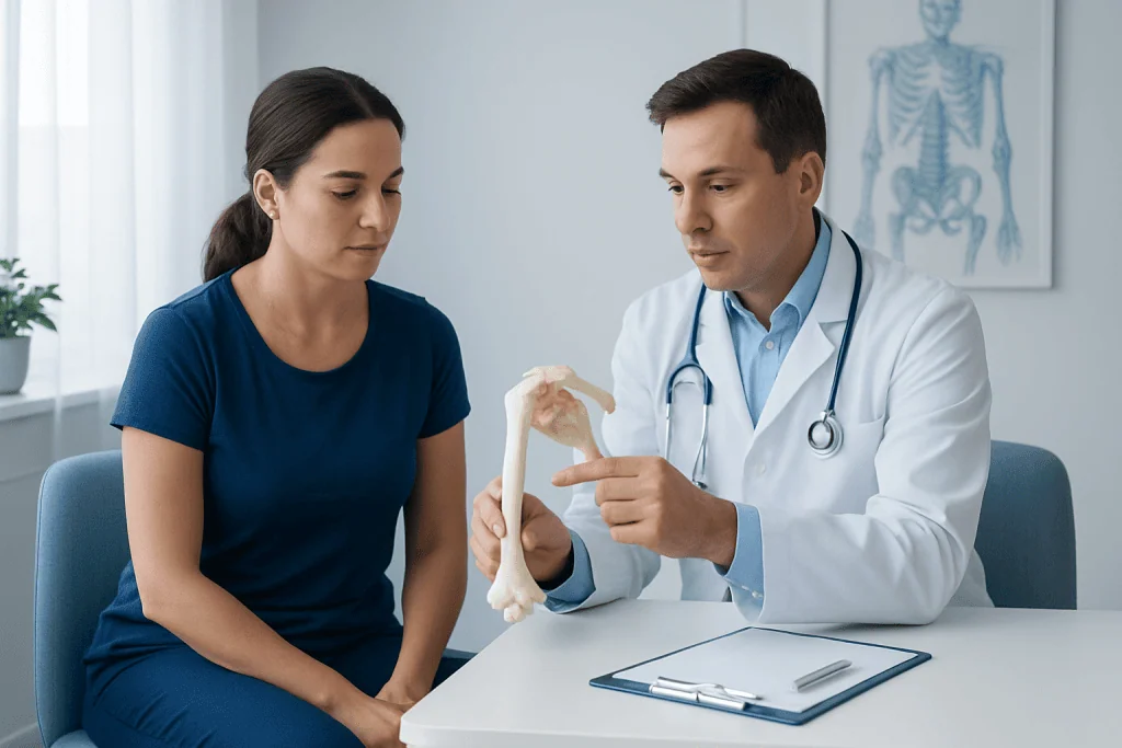 Doctor explaining shoulder anatomy to patient in a medical consultation.