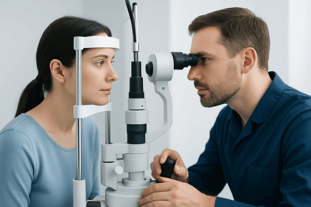 Optometrist performs eye examination using slit lamp on patient.
