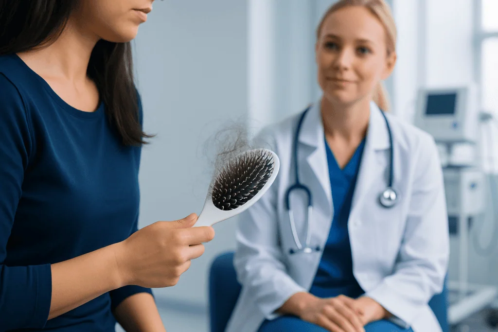 Patient consulting with doctor about hairbrush in medical clinic setting.