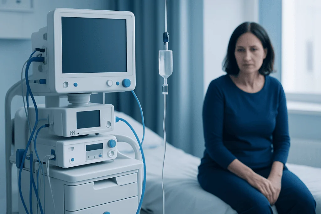 Woman in hospital room with medical equipment and IV drip.