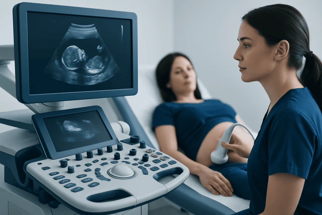 Medical professional performing ultrasound on pregnant woman at hospital.