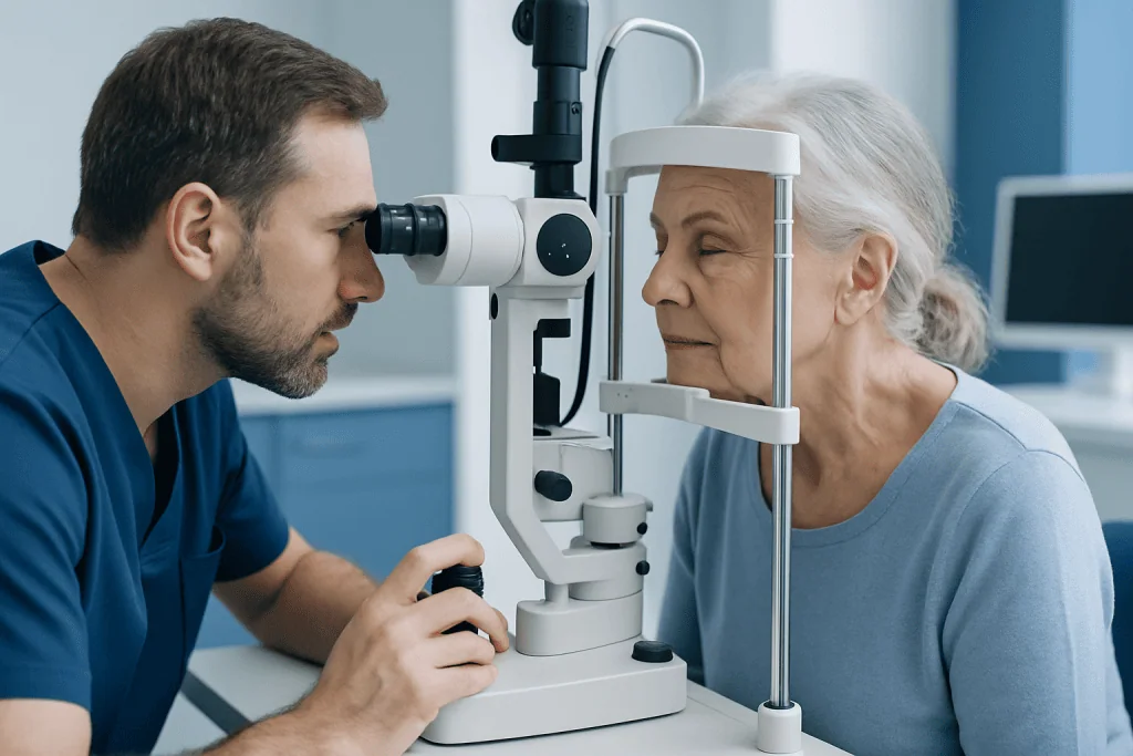 Ophthalmologist examining elderly woman's eye with slit lamp in clinic.