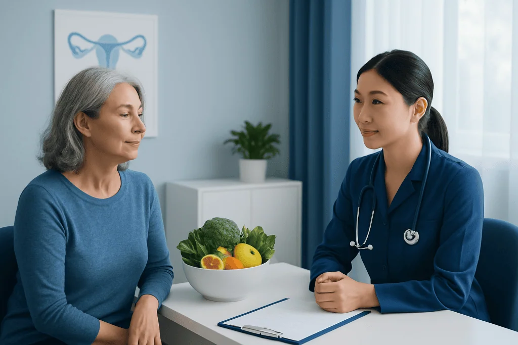 Doctor consulting with an older woman about menopause health.