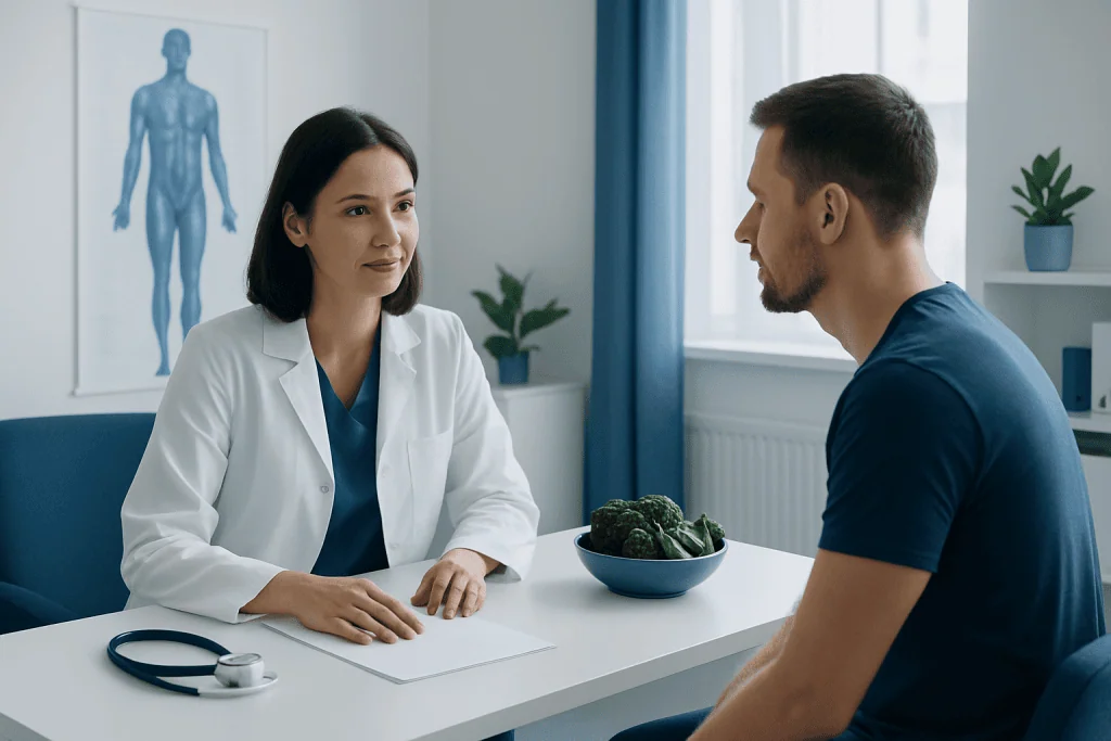 Doctor consulting with a patient in a medical office at Acibadem Hospitals Group.