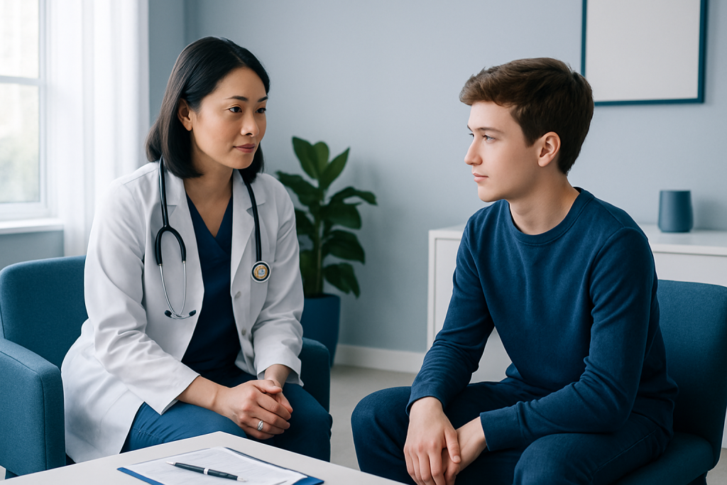 Doctor consulting with a young male patient in a modern clinic setting.