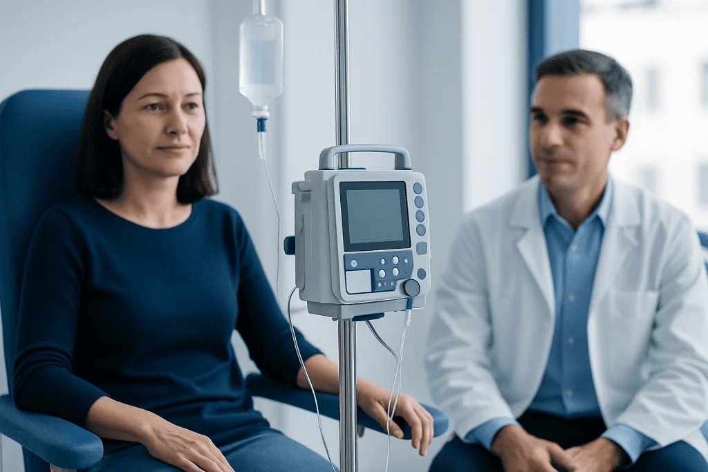 Patient receiving medical treatment in a hospital room with medical equipment.