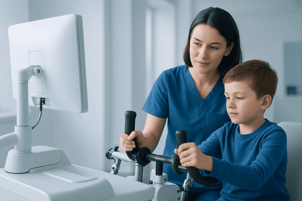 Child undergoing pediatric occupational therapy with a therapist at a hospital.