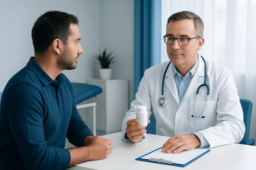 Doctor consulting patient about medication in a clinical setting.