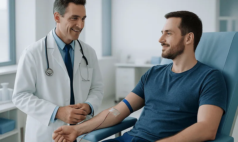 Doctor drawing blood from a patient in a hospital setting.