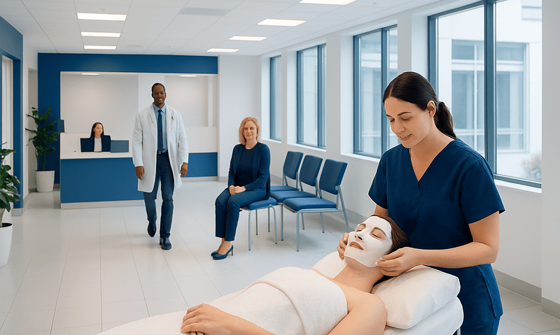 Medical professional applying facial mask to patient in modern clinic.
