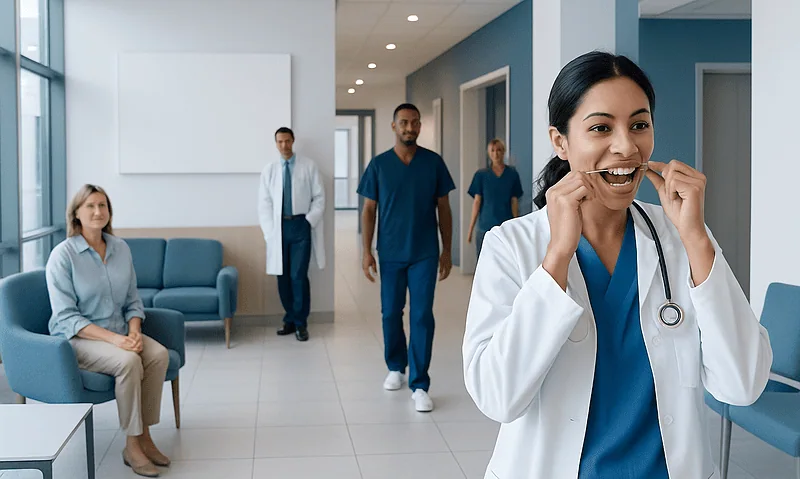 Smiling female doctor preparing for patient consultation at hospital.