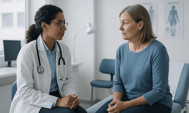 Doctor consulting with a female patient in a medical office.