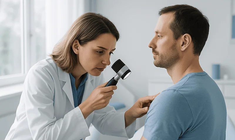 Dermatologist examining patient's skin with a magnifying tool in clinic.