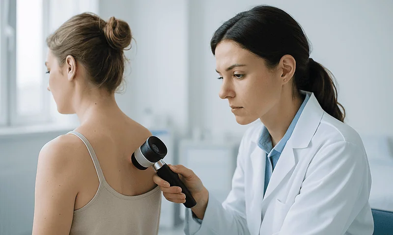 Dermatologist examining a woman's back with a skin scanner at Acibadem Hospitals.