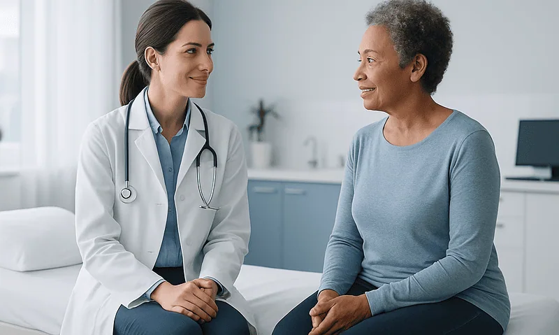 Doctor consulting with an elderly patient in a medical office.