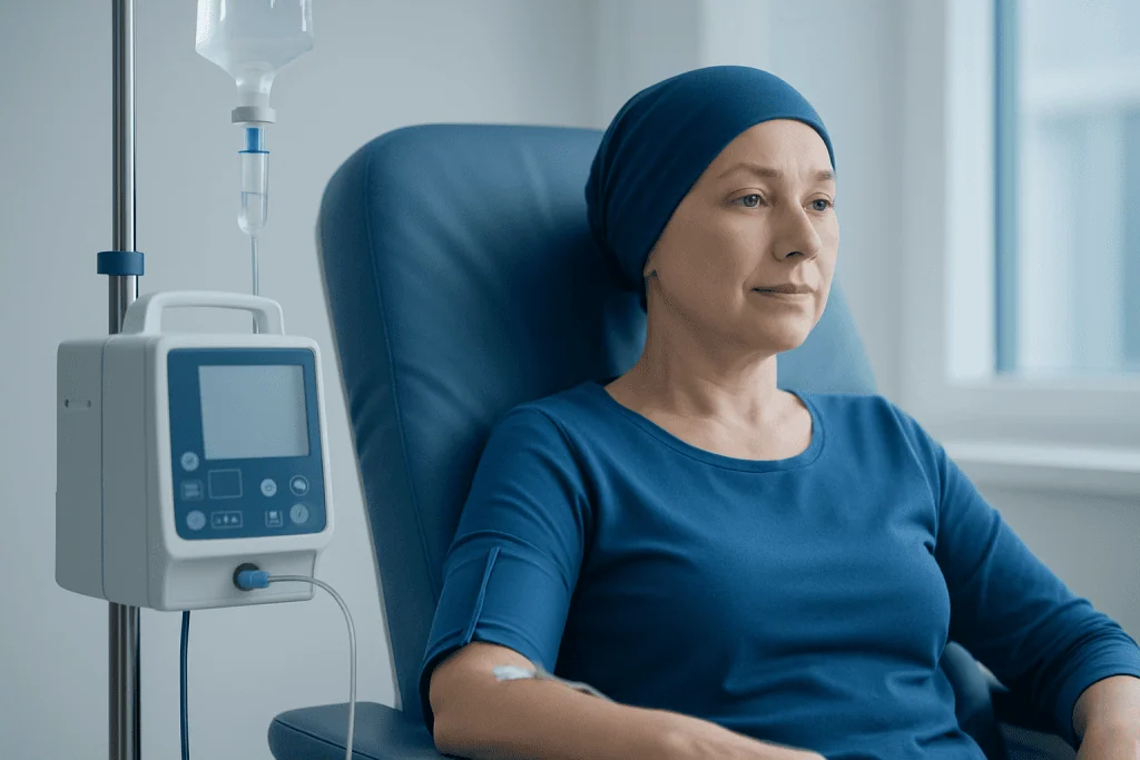 Woman receiving chemotherapy treatment at Acibadem Hospital.