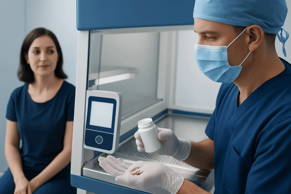 Healthcare professional preparing medication in a clinical setting with a patient nearby.