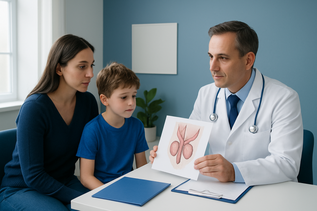 Urologist explaining testicular anatomy to a boy and his mother in a consultation room.