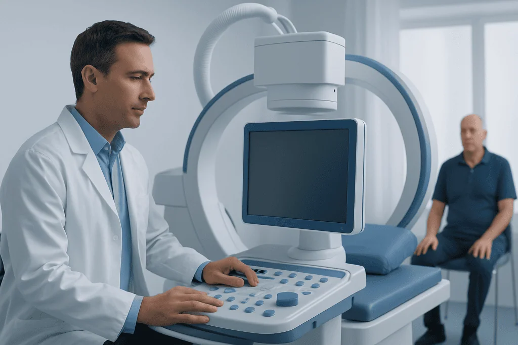 Doctor operating medical imaging equipment in hospital setting.
