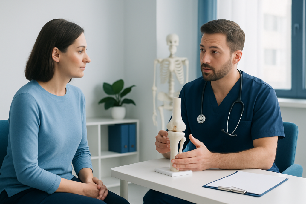 Orthopedic consultation with a doctor explaining knee anatomy to a patient.