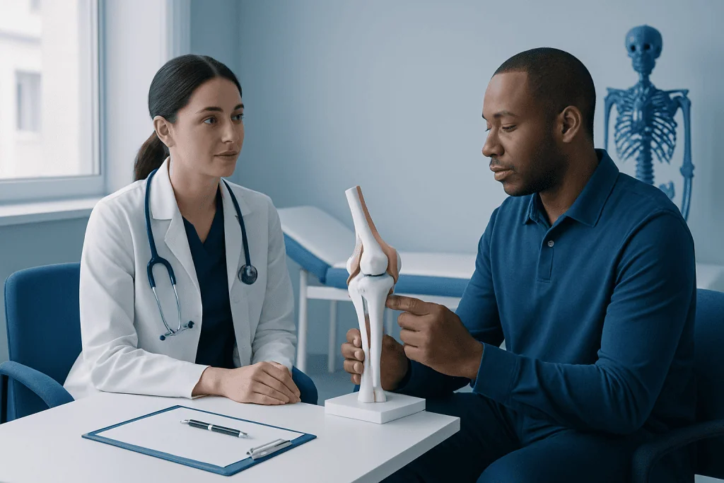 Doctor explaining knee joint model to patient in a medical consultation.