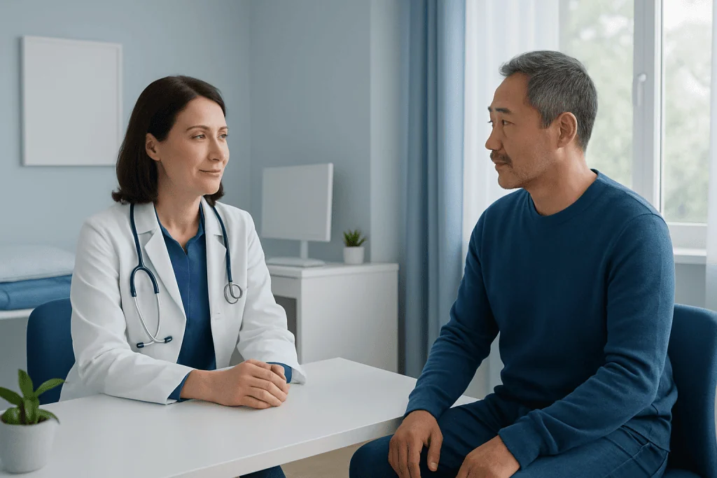 Doctor consulting with male patient in a medical office setting.