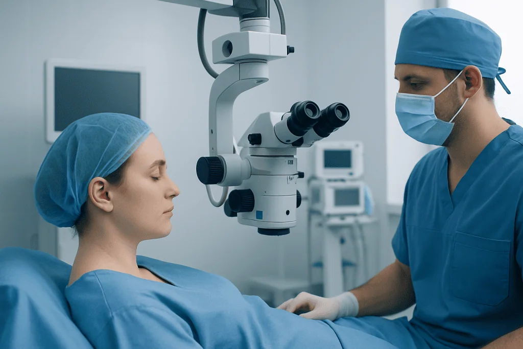 Surgeon preparing for ear surgery consultation at Acibadem Hospital.