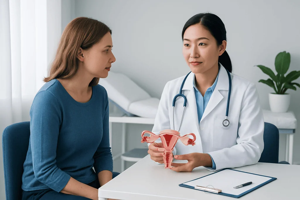 Gynecologist explaining uterine model to patient in consultation room.