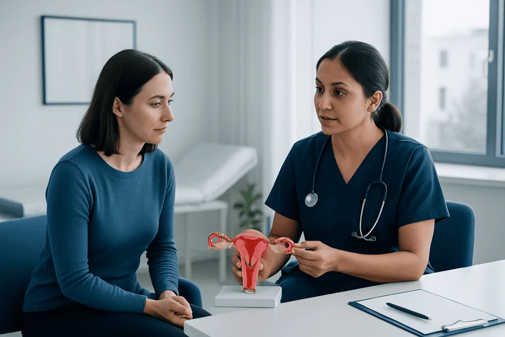 Doctor explaining ovarian surgery procedure to patient with anatomical model.