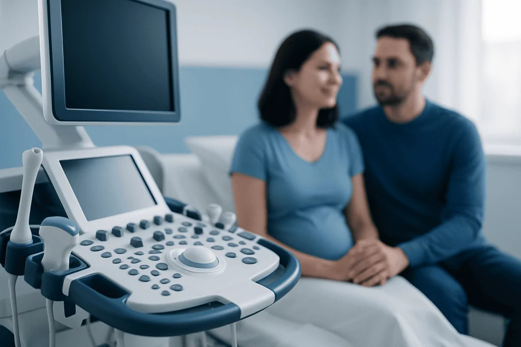 Ultrasound machine in a hospital room with a pregnant woman and partner.