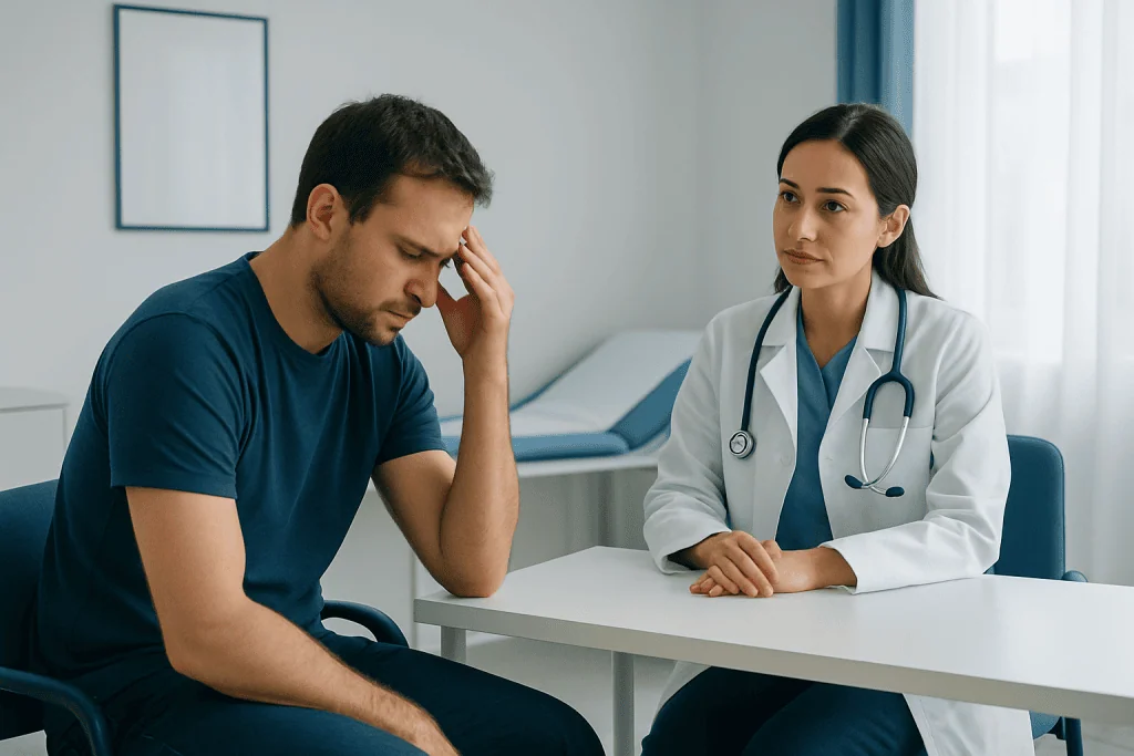Patient consulting with doctor about health concerns in a medical office.