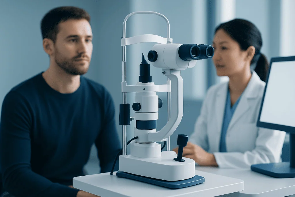 Patient undergoing eye examination with slit lamp at Acibadem Hospital.