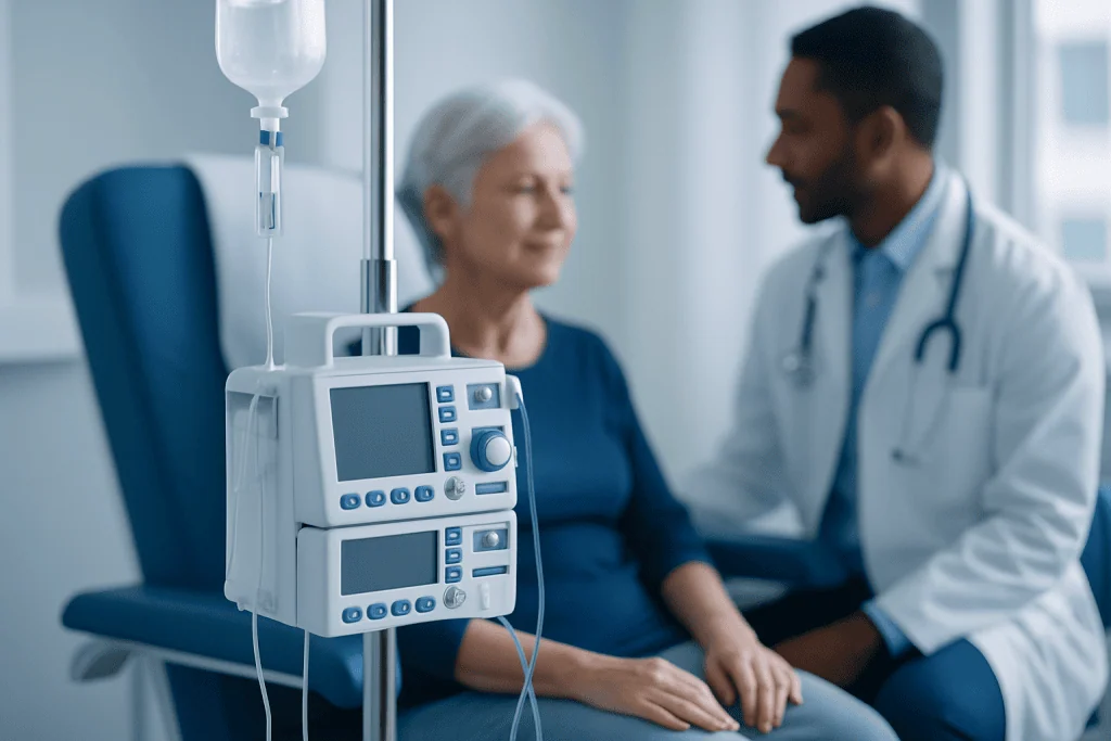 Patient receiving palliative chemotherapy in hospital setting.