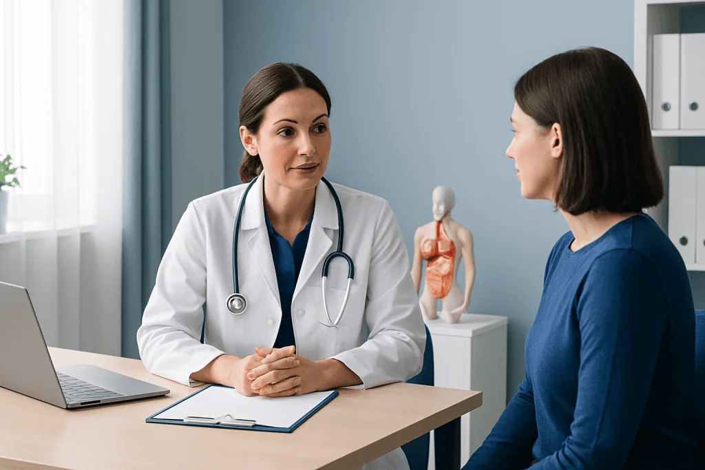 Doctor consulting with patient in a medical office with anatomical model.