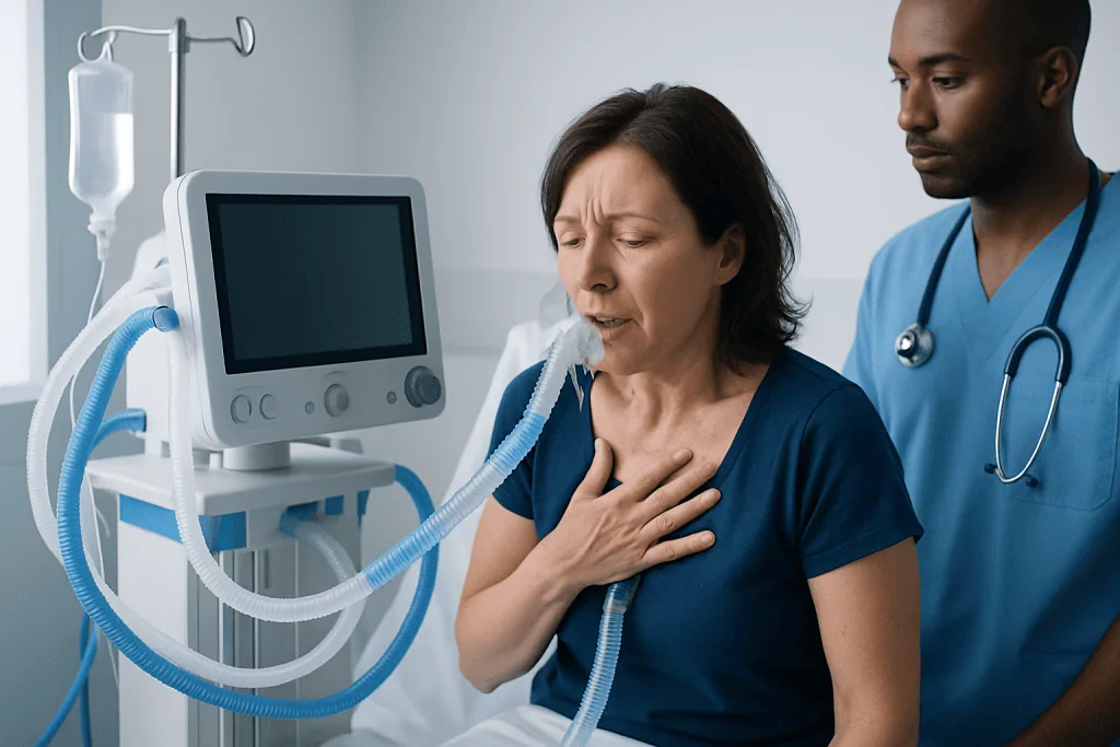 Patient receiving respiratory support in hospital with medical staff present.